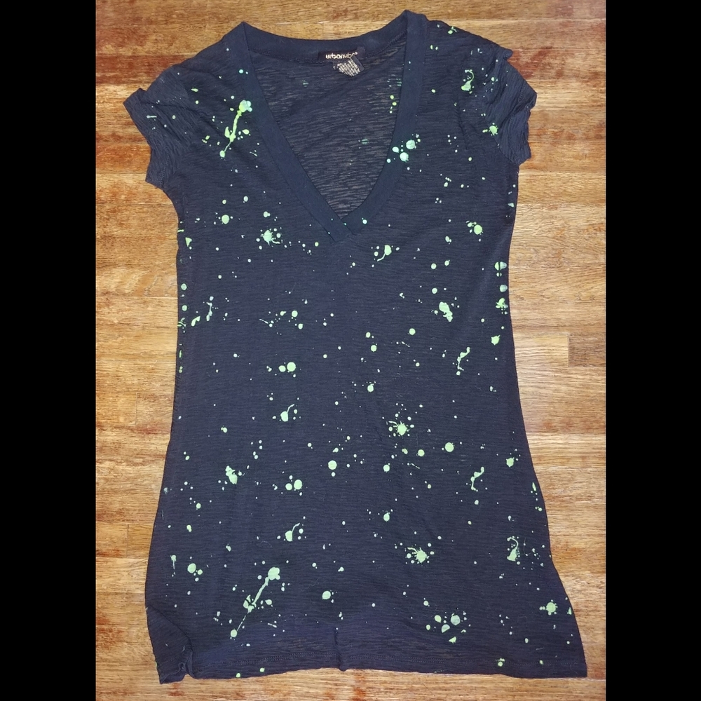Urban Vibe 2000s Y2K Black neon green Splatter sheer v neck shirt